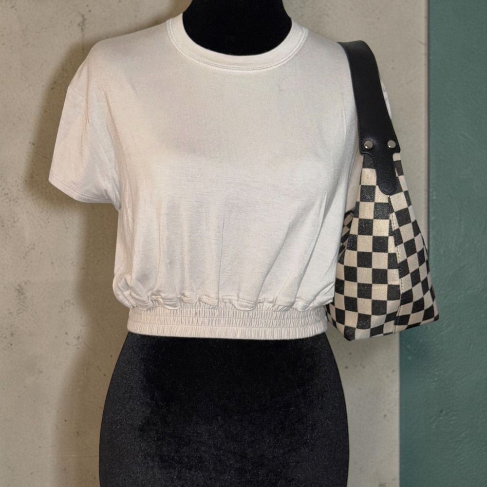 Zenana Womens Cream Smocked Hem Crop Top Short Sleeve Tee RT-8561BA5 Large